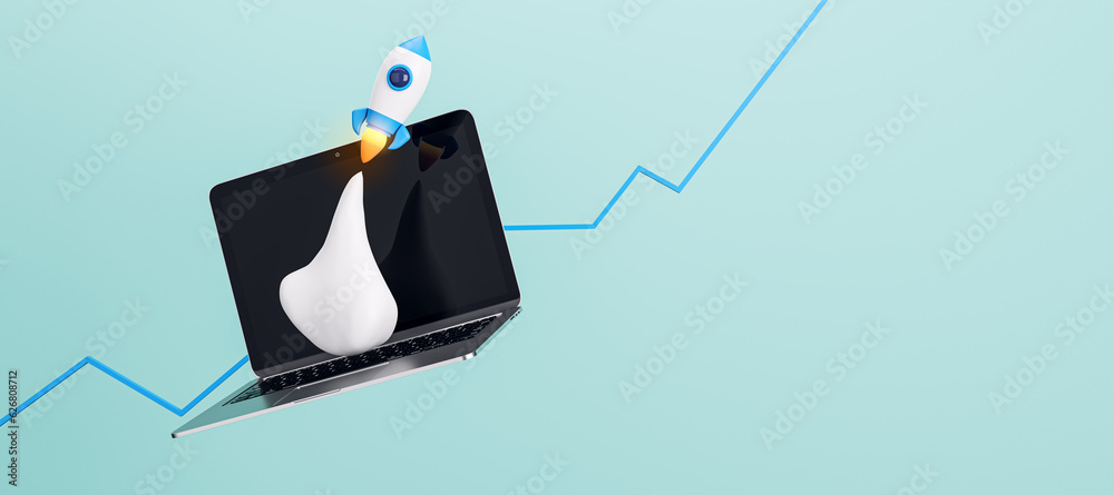 Poster Creative blue backdrop with flying rocket, mock up place and laptop. SEO, startup and web development concept. 3D Rendering.