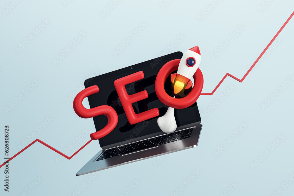 Aufkleber creative blue background with flying rocket, word and laptop. seo, startup and web development conce