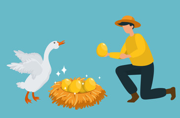financial concept: farmer picking up a golden egg