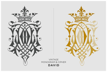 Vintage monogram of the name David. Intricate letterform design. King David monogram