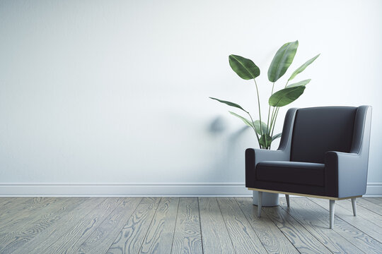 Front view on blank light wall background with space for advertising poster or campaign in sunlit room with dark armchair and green plant on wooden floor. 3D rendering, mockup