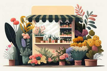 Generative AI.Design flower street shop kiosk, concept urban cart market boutique fashion blossom isolated on white, flat vector illustration.