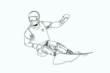 Fototapeta premium Vector illustration. An experienced snowboarder descends from the mountain. Line drawing. Minimalistic design.