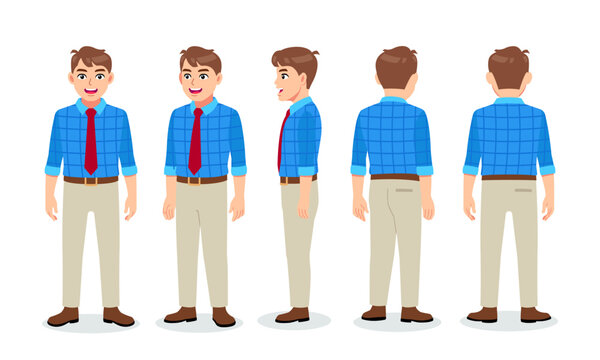 Working blue shirt man character turn around with standing poses