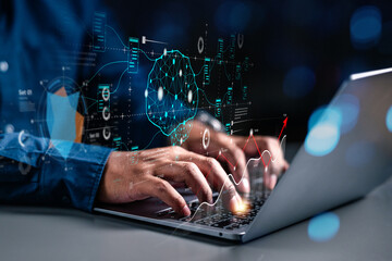 Artificial intelligence Digital file management, Investment financial global economy concept. Businessman using laptop analysing virtual global and trading graph, stock market trade, online business.