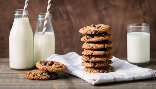A stack of cookies with milk chocolate and two bottles of milk on a wooden table