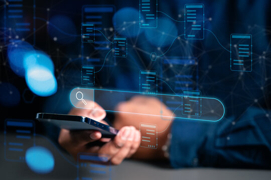 Search engine data document content management system and online file, Data search and social communication concepts. Businessman using smartphone seaching information online.