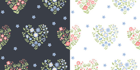 Flower heart. Two seamless pattern wich floral heart of decorative flowers on black and white background. Vector illustration in flat style for wallpaper, textile, packaging, decor and design.