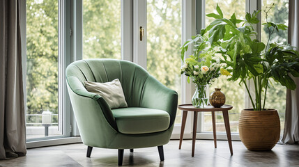 Fototapeta na wymiar Green armchair against of window