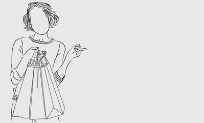 shopping bags on black friday and line art drawing happy woman