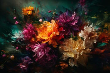 Fototapeta na wymiar Vibrant oil painting capturing the essence of flowers with an abstract touch. Generative AI