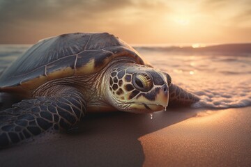 A turtle emerging from the sea onto a pink tinged shore at sunrise. Generative AI