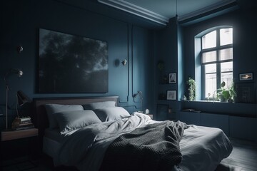 Minimalist bedroom with blue wall, gray bed, white linens and space for creativity. Generative AI