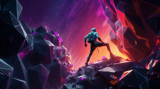 Futuristic digital art, climber on a neon - infused rock wall, low poly style, glossy reflective surface, dynamic lighting, outer space background