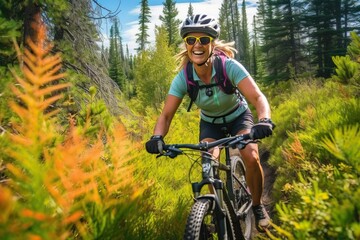 Riding a bike, Smiling woman mountain biking on the trail, outdoor sport