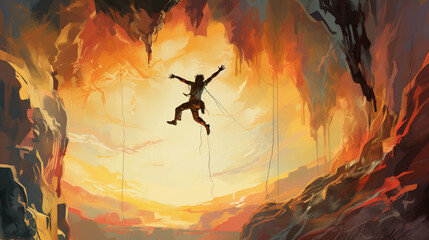 Fototapeta premium Surreal depiction of a climber reaching for the next hold, vibrant colors, high contrast, visible rope and gear, abstract graffiti art style, in mid - air, on a massive cliff, bathed in the golden hou