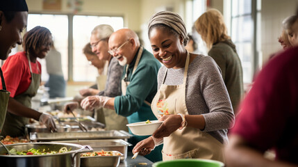 a diverse group of volunteers, preparing meals in a bright, cheerful community kitchen, hands passing bowls and spoons, happy smiles - obrazy, fototapety, plakaty