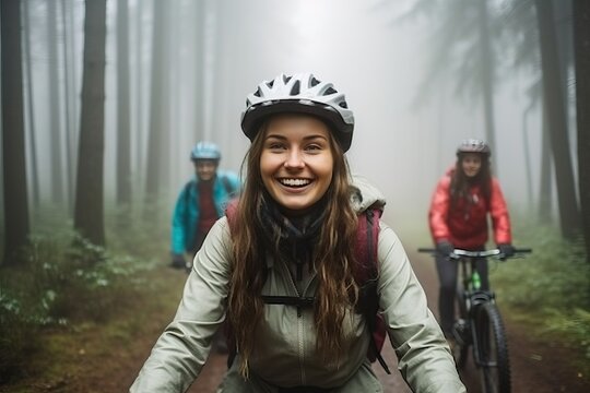 Smiling woman mountain biking on the trail, outdoor sport