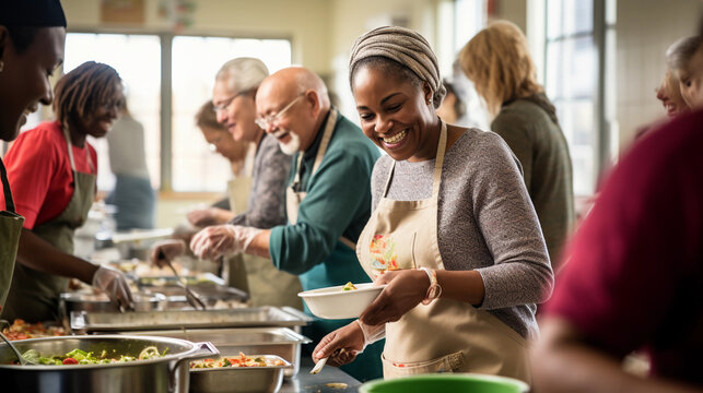 a diverse group of volunteers, preparing meals in a bright, cheerful community kitchen, hands passing bowls and spoons, happy smiles