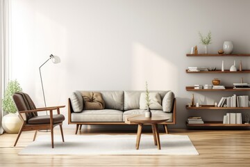  Modern scandianvian living room with design sofa 
 Generative AI