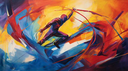 Abstract representation of a climber's struggle, distorted figure pushing upwards, intense colors, expressionist style, a sense of tension and release