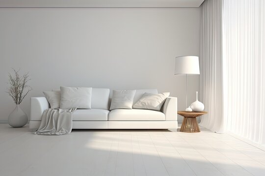 Modern interior with white sofa panorama 3d render. Generative AI
