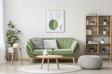 Real photo of grey lounge with green cushion wooden Generative AI