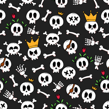Cute skull doodle drawing seamless pattern for background