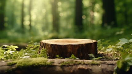 Fototapeta premium Wooden podium on forest background. Product presentation. Generative ai.
