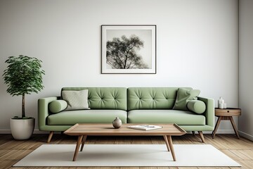 Fototapeta na wymiar Stylish living room interior with comfortable green sof Generative AI