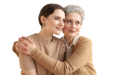 Cheerful young woman is embracing her middle aged mother looking away, touching cheekson a transparent background. Happy trusted relations. Family concept.