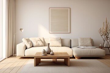 Stylish living room interior with comfortable sofa 
 Generative AI