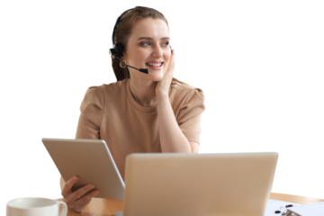 Freelance business women using tablet working call video conference with customer in workplace on a transparent background.