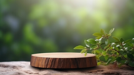 Wooden podium on forest background. Product presentation. Generative ai.