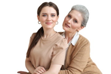 Portrait of old mother and mature daughter. Happy senior mom and adult daughter embracing with love on a transparent background.