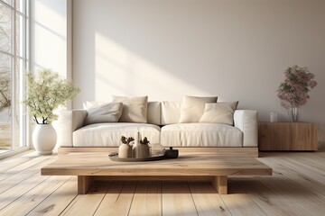 Stylish living room interior with comfortable sofa 
 Generative AI