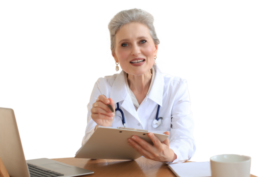 Older woman doctor therapist wearing headset video call talking to web camera consulting virtual patient online by video conference call chat on a transparent background.
