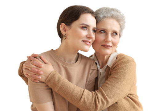 Cheerful young woman is embracing her middle aged mother looking away, touching cheekson a transparent background. Happy trusted relations. Family concept.