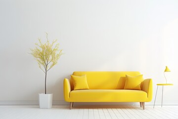White living room interior with yellow sofa Generative AI
