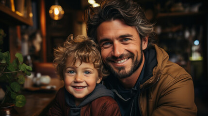 Portrait of happy father and son looking at camera while sitting in cafe.