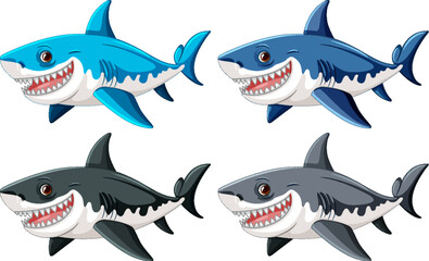 A cartoon illustration of a great white shark with big teeth, swimming in different colors
