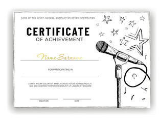 Best singer certificate template for singing, song or music event. Diploma design for graduation or completion of musical school, music course, karaoke competition.