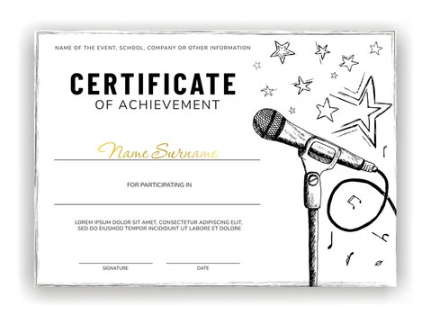 Best singer certificate template for singing, song or music event. Diploma design for graduation or completion of musical school, music course, karaoke competition.