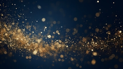 An abstract background featuring dark blue and golden particles. Christmas golden light shines, creating a bokeh effect on the navy blue background. Gold foil texture is also present. 
Generative AI