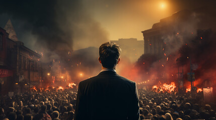 The politician deputy speaks on the stage in front of a crowd of people of citizens. Generative Ai