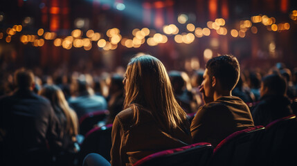 People or audience gathered in theatre or auditorium. Generative Ai
