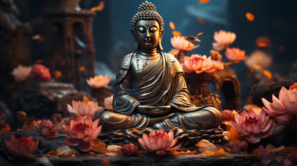 Buddha statue with lotus flower background. Generative Ai