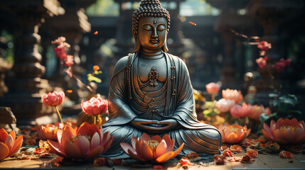 Buddha statue with lotus flower background. Generative Ai