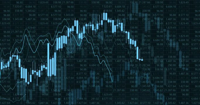 Animated candlestick chart. Global stock exchance market. Financial trading prices. Global finance exchange index concept. Cryptocurrency or stock market chart and data value table. Buy and sell. 4k 