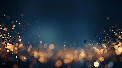 Obraz na płótnie Canvas An abstract background featuring dark blue and golden particles. Christmas golden light shines, creating a bokeh effect on the navy blue background. Gold foil texture is also present. Generative AI